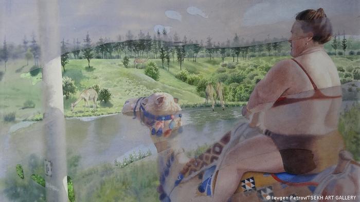 A painting of a large woman in a bikini on a camel looking at a green landscape with giraffes drinking in the river.