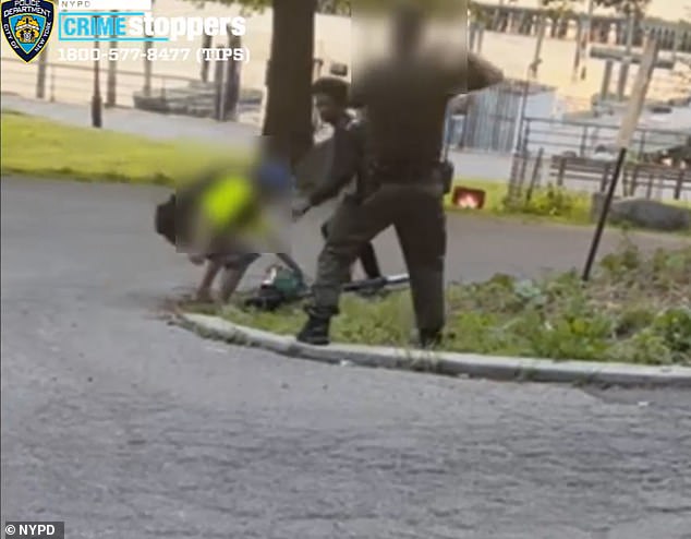 The second park worker sprays the suspect with pepper spray before he flees the scene on his scooter